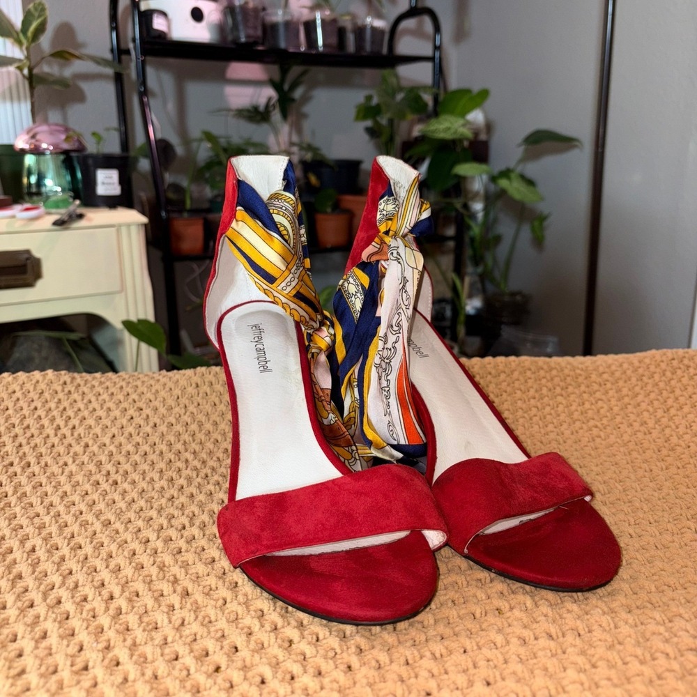 Anthropologie‎ Jeffrey Campbell Red Suede Heels w Scarf Ankle Strap Women's 11